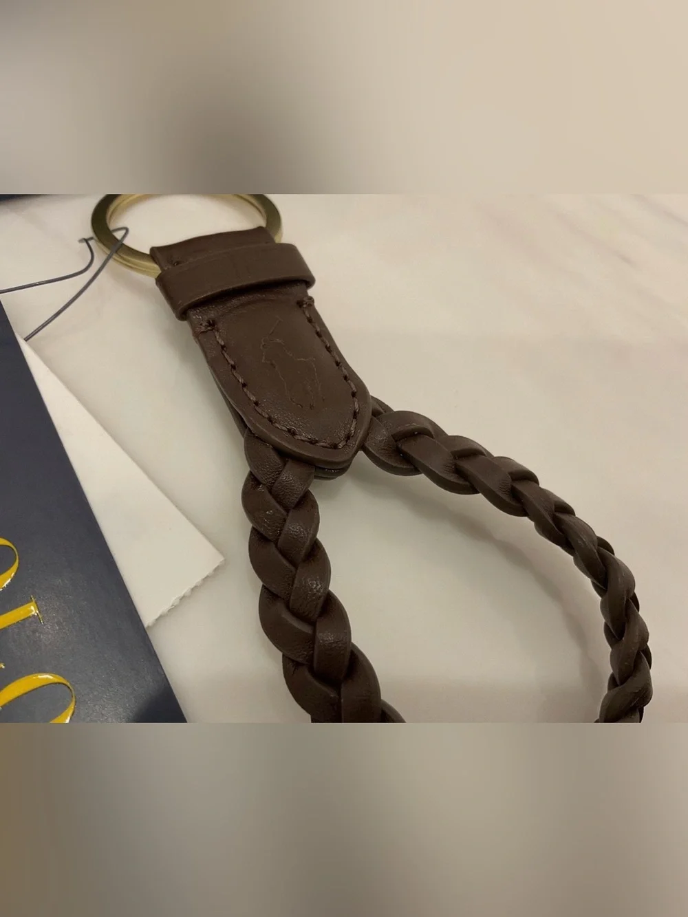 NEW Polo Ralph Lauren BRAIDED LEATHER Key Ring Keychain - BROWN